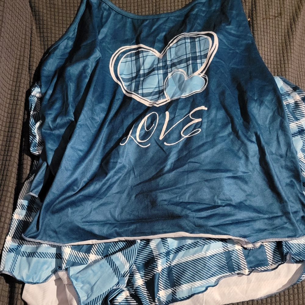 Blue Plaid Love Tank Top and Shorts Set